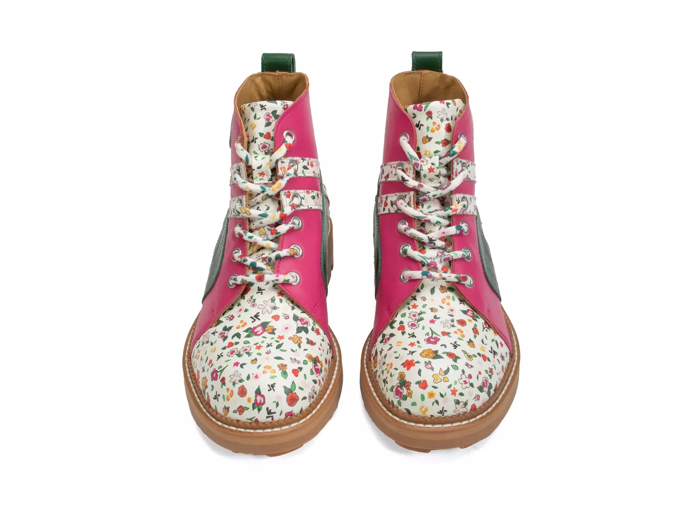 John Fluevog FW23 Ditsy Floral: 7th Heaven Whitty pink floral retro lace up boot detail