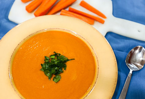 Carrot, turmeric, and ginger soup with cumin roasted chickpeas
