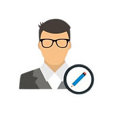 Cartoon avatar of a male real estate agent with glasses and a pencil icon symbolizing creating a professional profile page with bio and contact details in Toronto Ontari