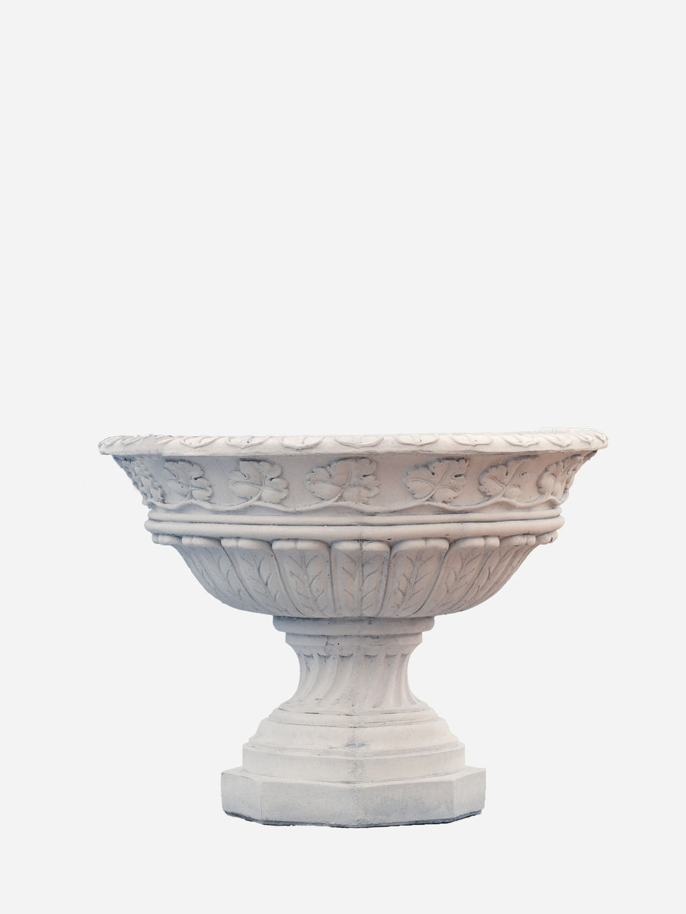 White ornate planter with a rounded bowl and a pedestal base