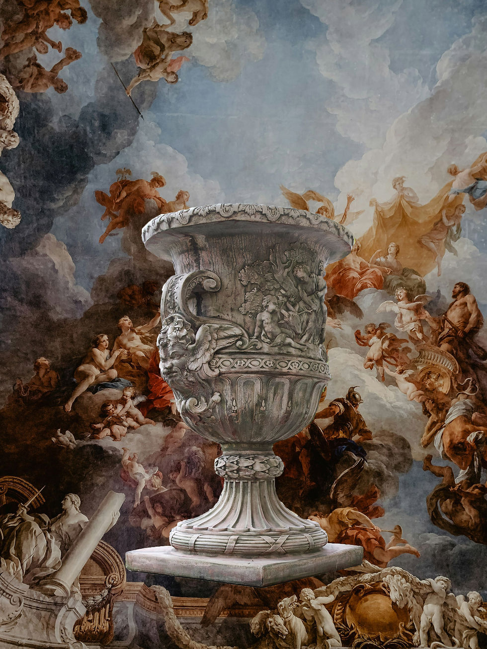 Ornate stone urn against a fresco depicting angels and mythological figures