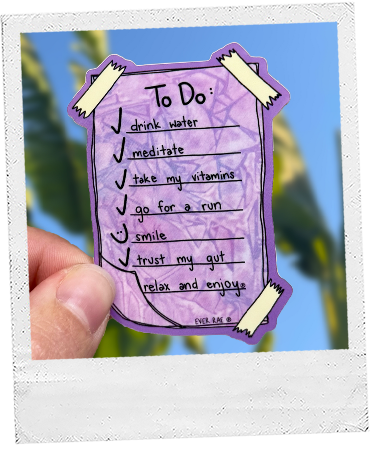 Thumbnail: hand holds a purple to-do list sticker with items like smile and drink water in front of a blue sky with bright green foliage