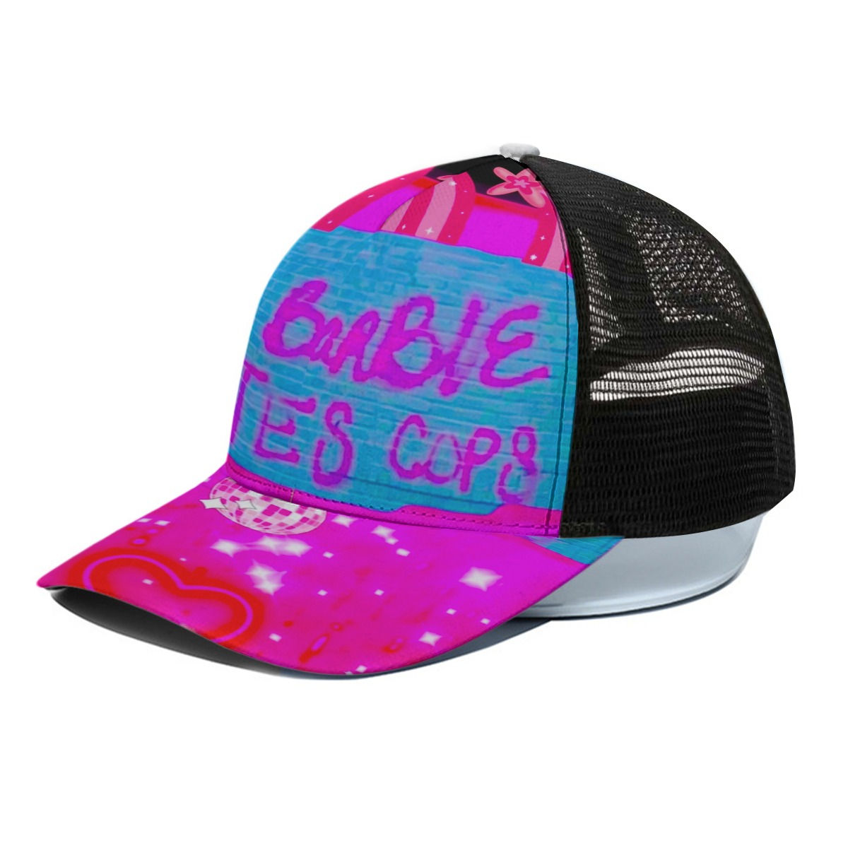 Pink1-Unisex Peaked Cap With Black Half-mesh