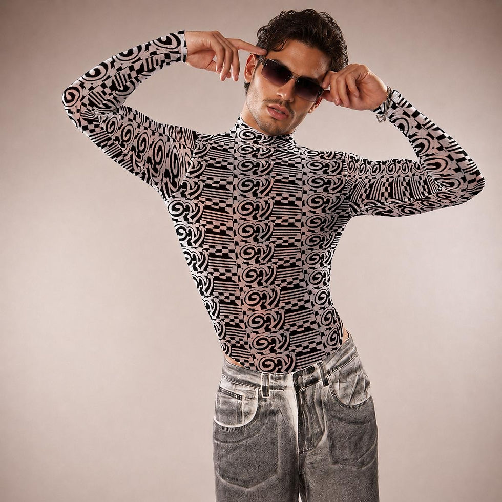 Thumbnail: All-Over Print Men's Mesh Turtleneck Long Sleeve Bodysuit