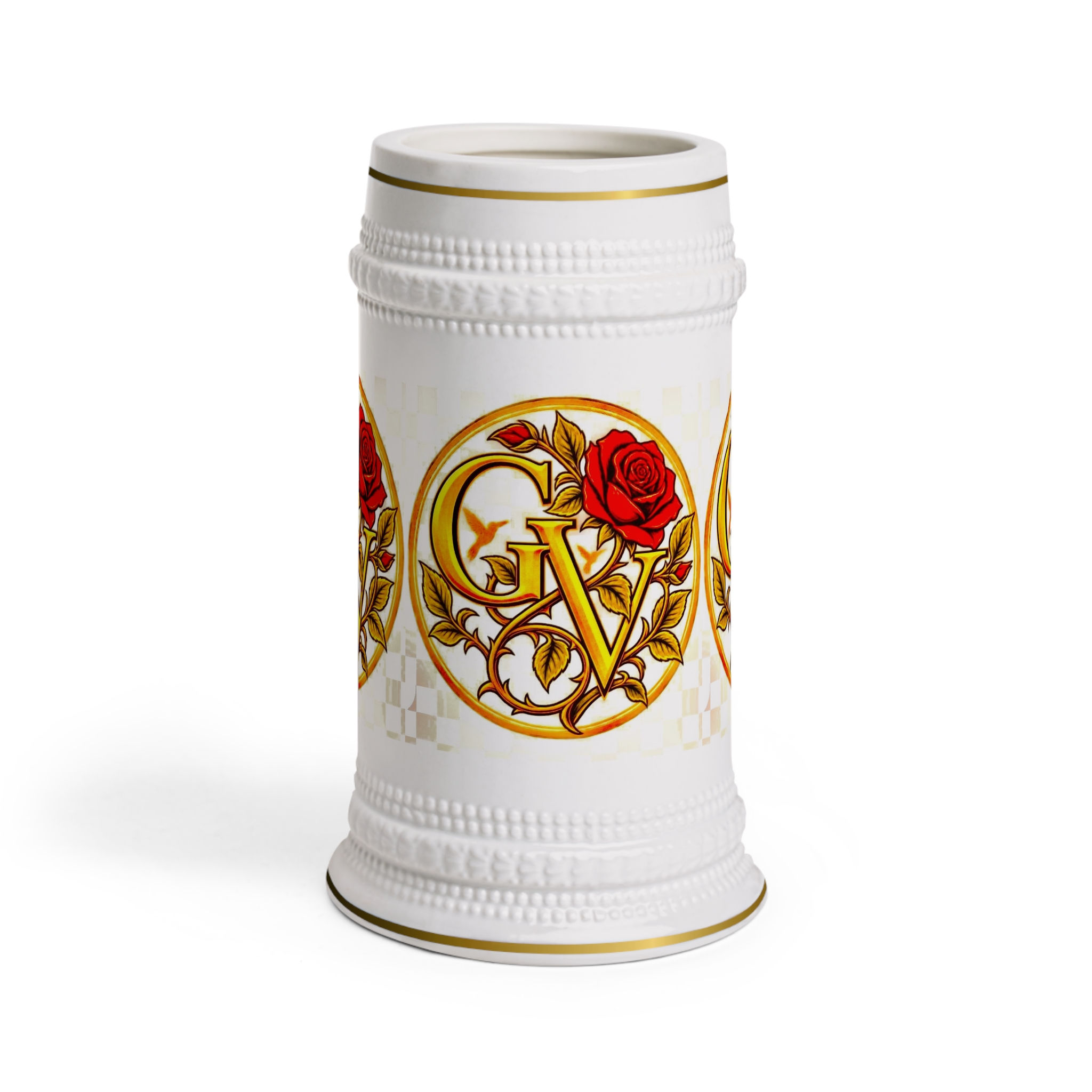Victorian Rose Monogram Beer Stein Mug — Elegant Gold Initials & Red Rose