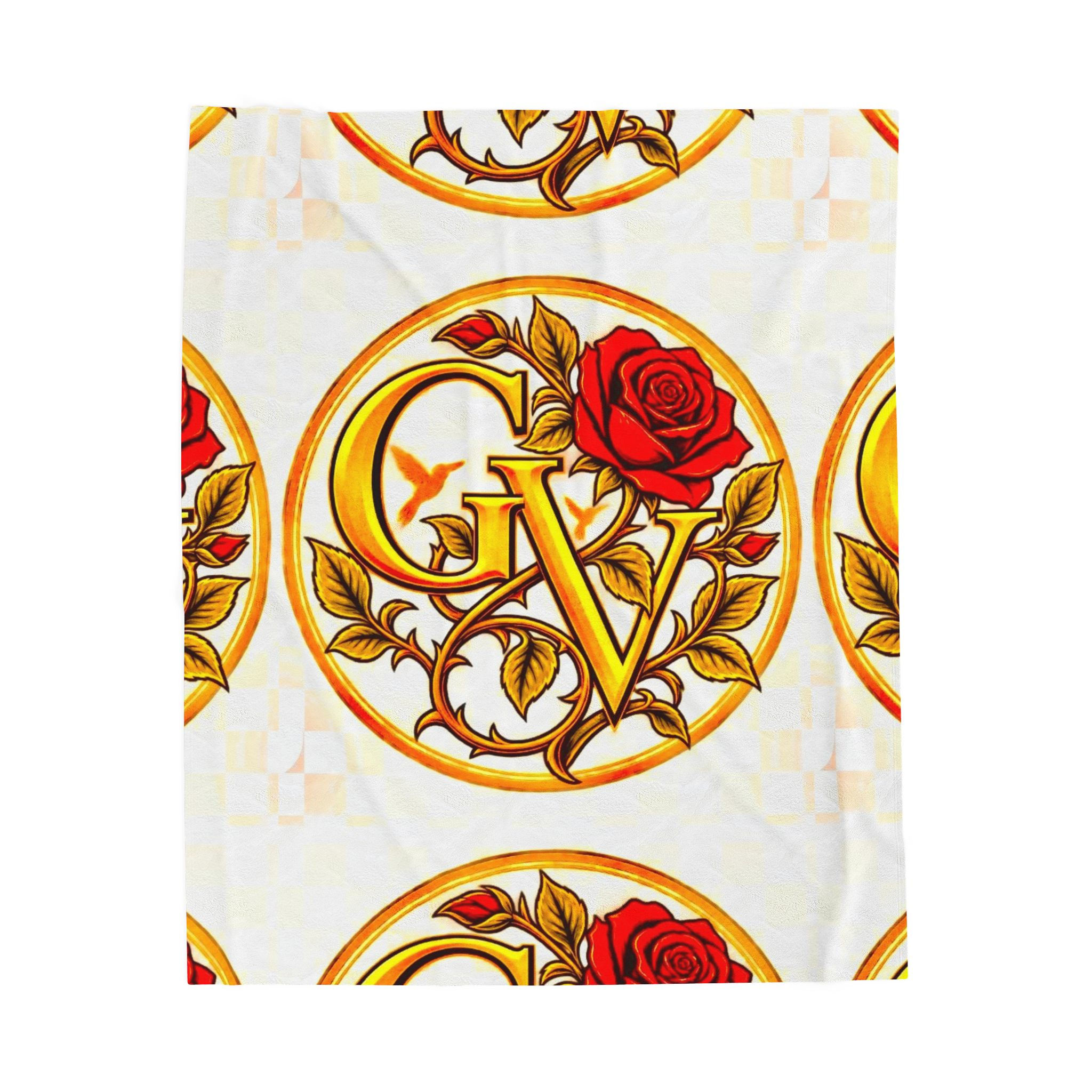 Velveteen Plush Blanket — Gold GV Monogram with Red Rose Throw