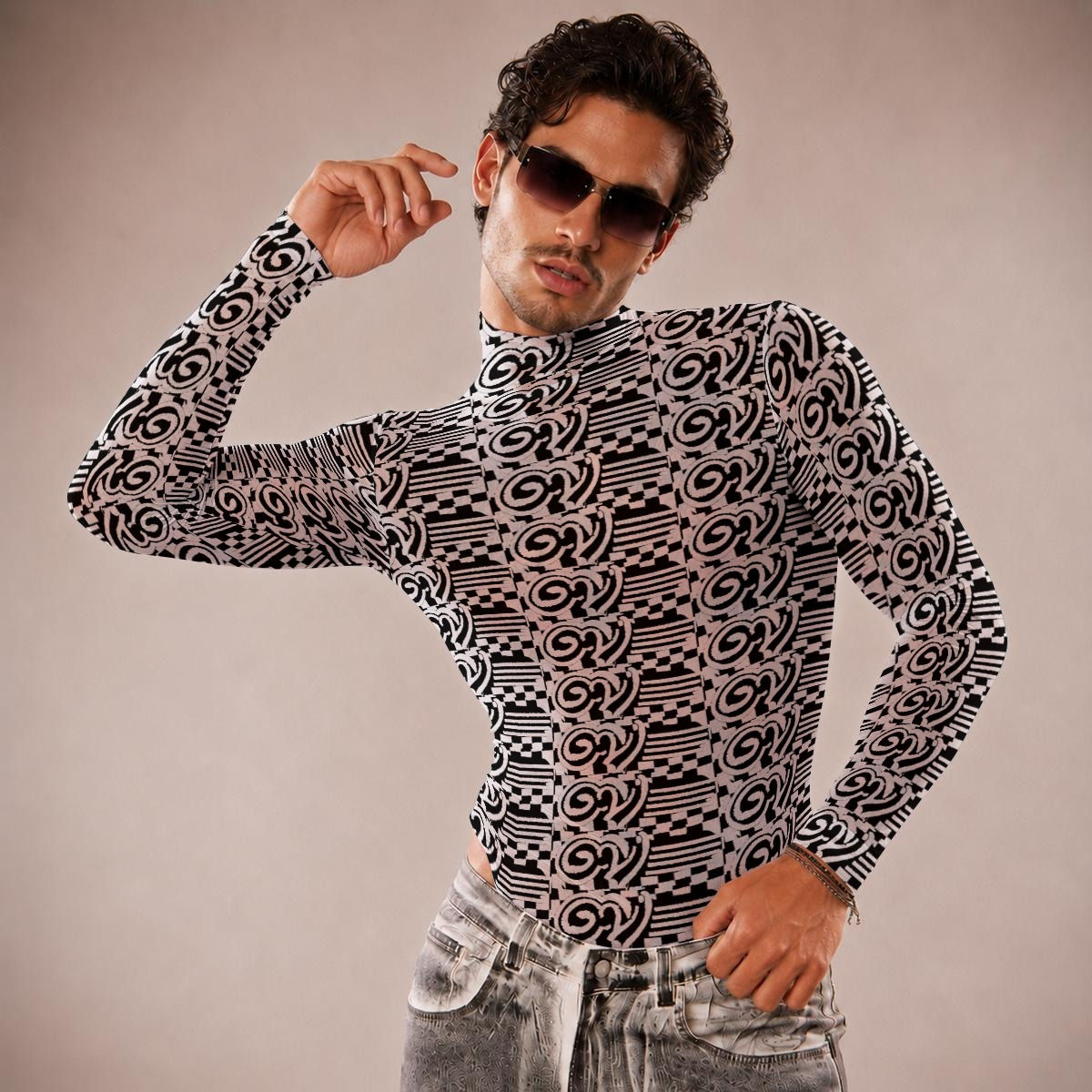 All-Over Print Men's Mesh Turtleneck Long Sleeve Bodysuit