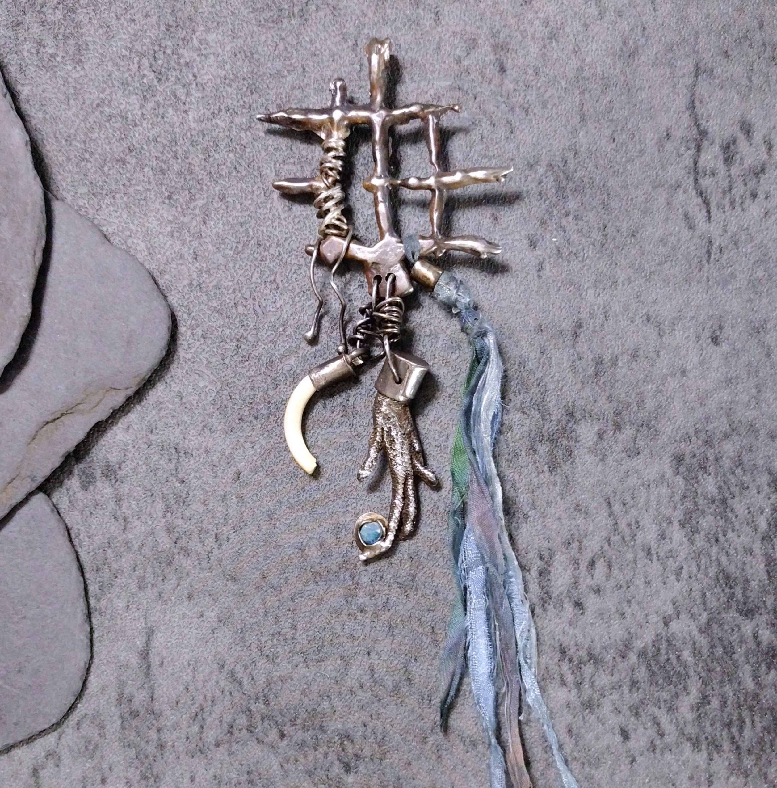 Spirit Animal- Sterling, Australian Opal, Animal tooth, Silk sari, OOAK