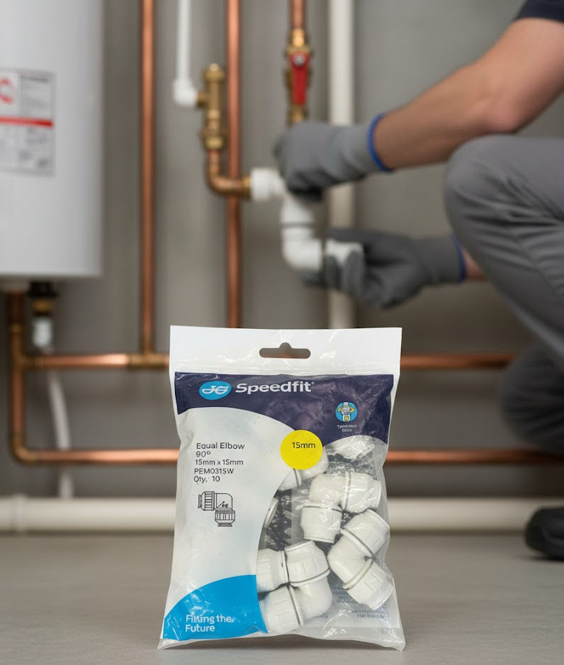 Thumbnail: JG Speedfit 15mm 90 degree equal elbow being used in a domestic plumbing installation