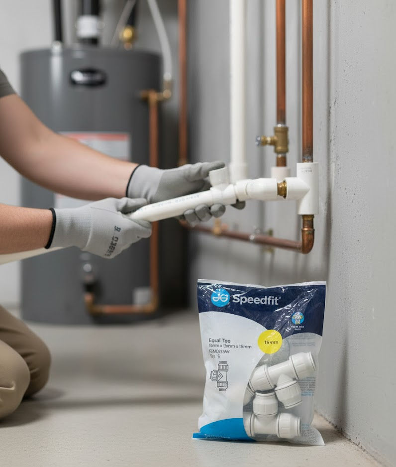 Thumbnail: JG Speedfit 15mm equal tee push-fit connector installed in UK plumbing system