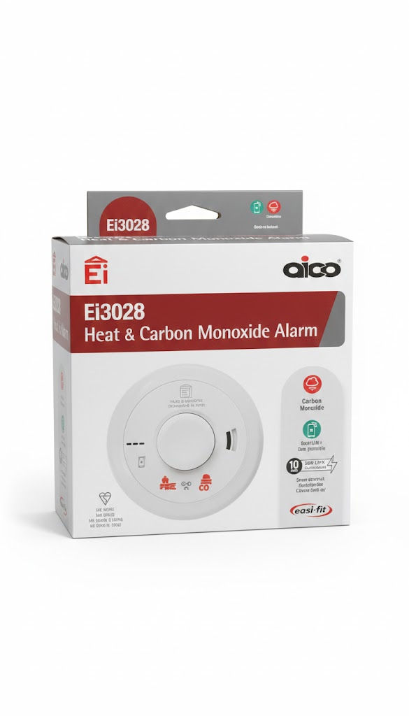 Aico Ei3028 heat and carbon monoxide alarm mains powered with backup battery on white background