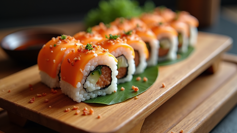 Close-up view of traditional sushi rolls on a wooden platter