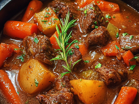 Oven Beef Stew With Glossy Dark Gravy, Fork-Tender Chuck, And Big Carrot-And-Potato Chunks
