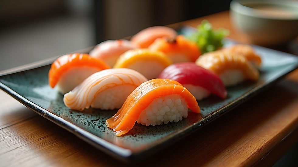 High angle view of a modern sushi platter with various colorful rolls