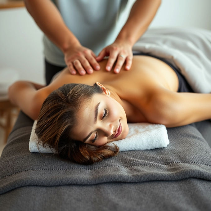 Mature Lady laying face down on massage table, with white male providing back massage.jpg