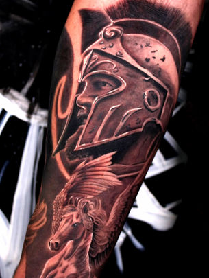 Best Realistic spartan soldier tattoo done at monstera ink tattoo studio in Essex