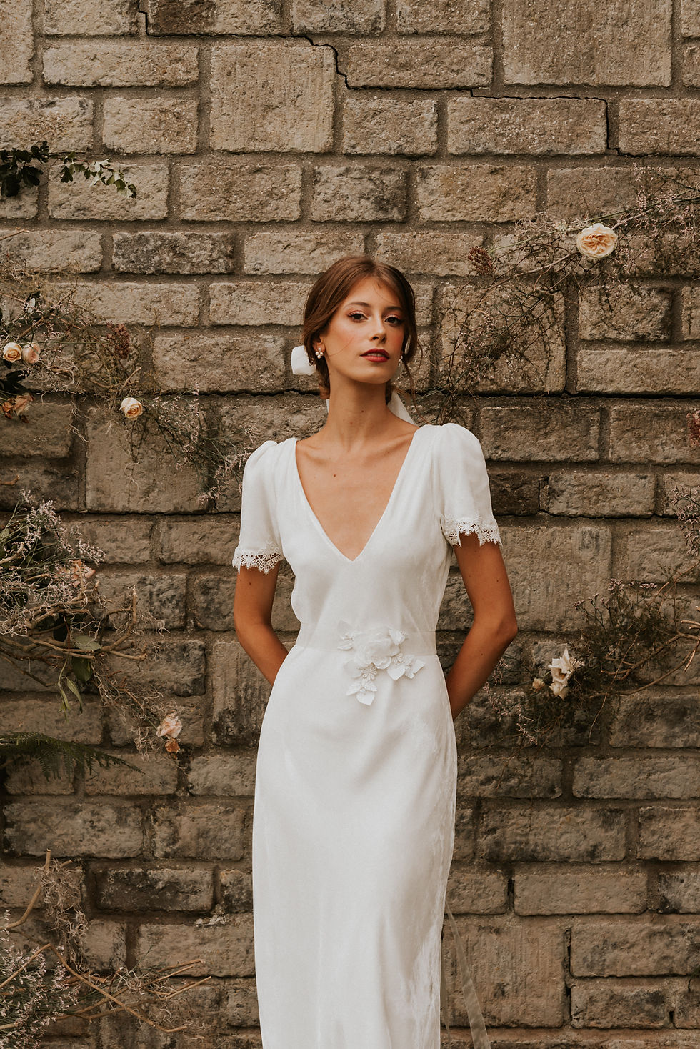 Miniatura: Front View of Tuscany Full Length Velvet Wedding Dress with 'V' Neckline, Short Sleeves with Lace Trim and Belt