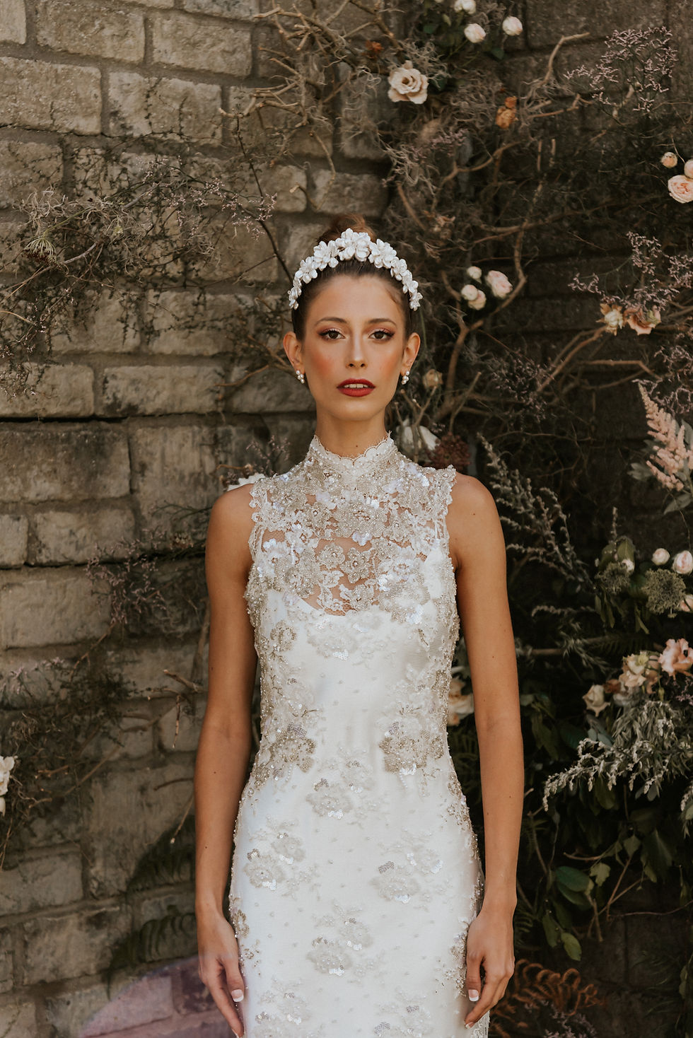 Miniatyrbild: Front View of woman wearing the Annecy beaded wedding dress with high collar