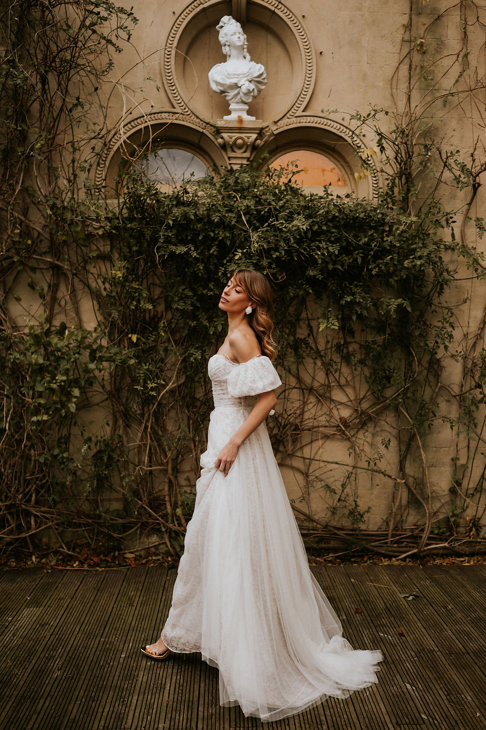 Miniature : Side View of Romantic Floral Wedding Dress with Sleeves and Floaty Skirt in Printed Chiffon