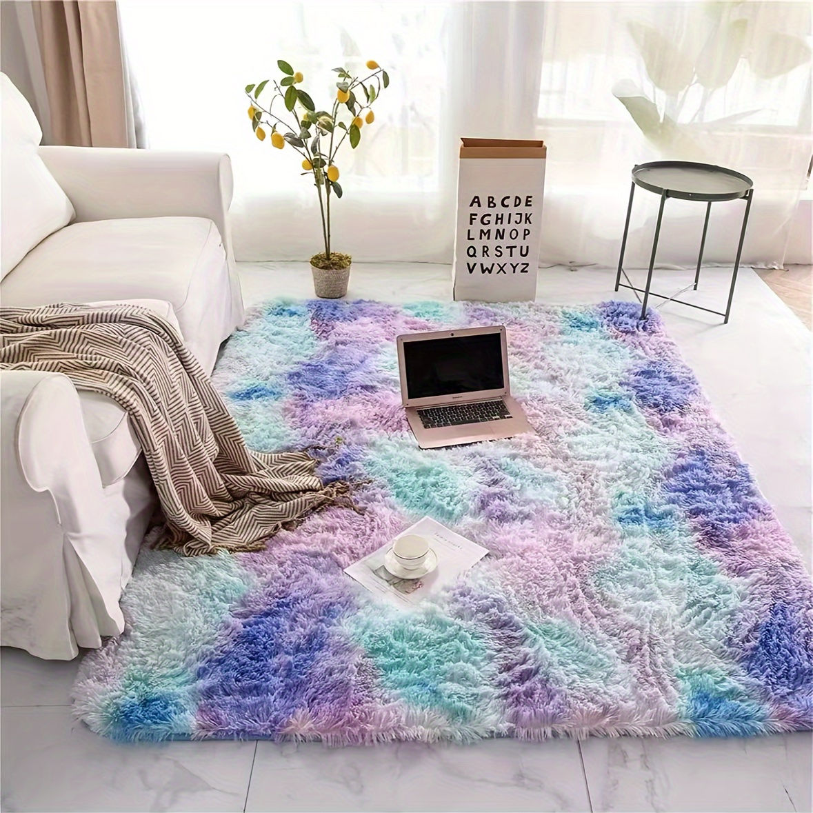 1pc Large Gradient Rainbow Color Plush Shaggy Carpet - Soft Thicken Sponge, Warm