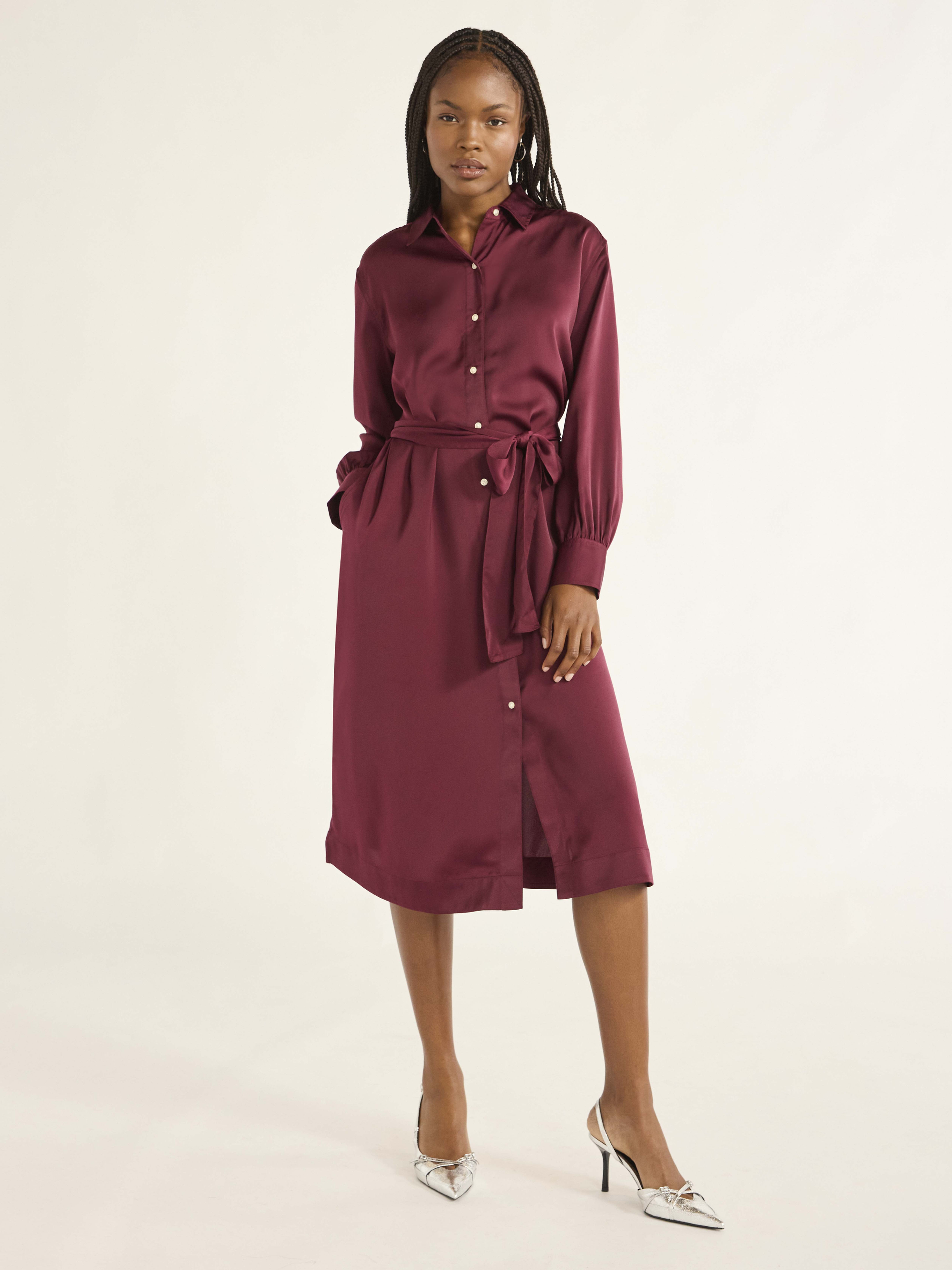 Free Assembly Women’S Belted Midi Shirtdress with Long Sleeves, Size XS-XXXL