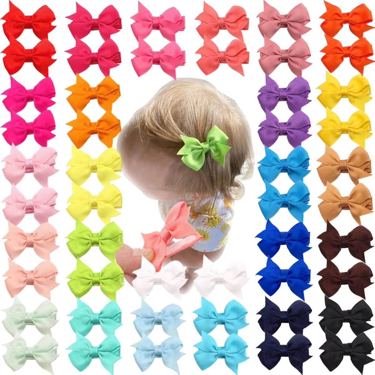 50Pcs 25 Colors in Pairs Tiny 2" Baby Hair Bows Fully Covered Barrettes Clips fo