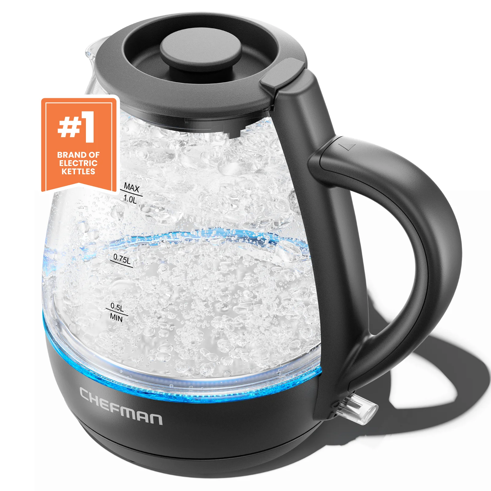 Chefman 1L Electric Glass Kettle W/ LED Indicator Light, Automatic Shutoff - Bla
