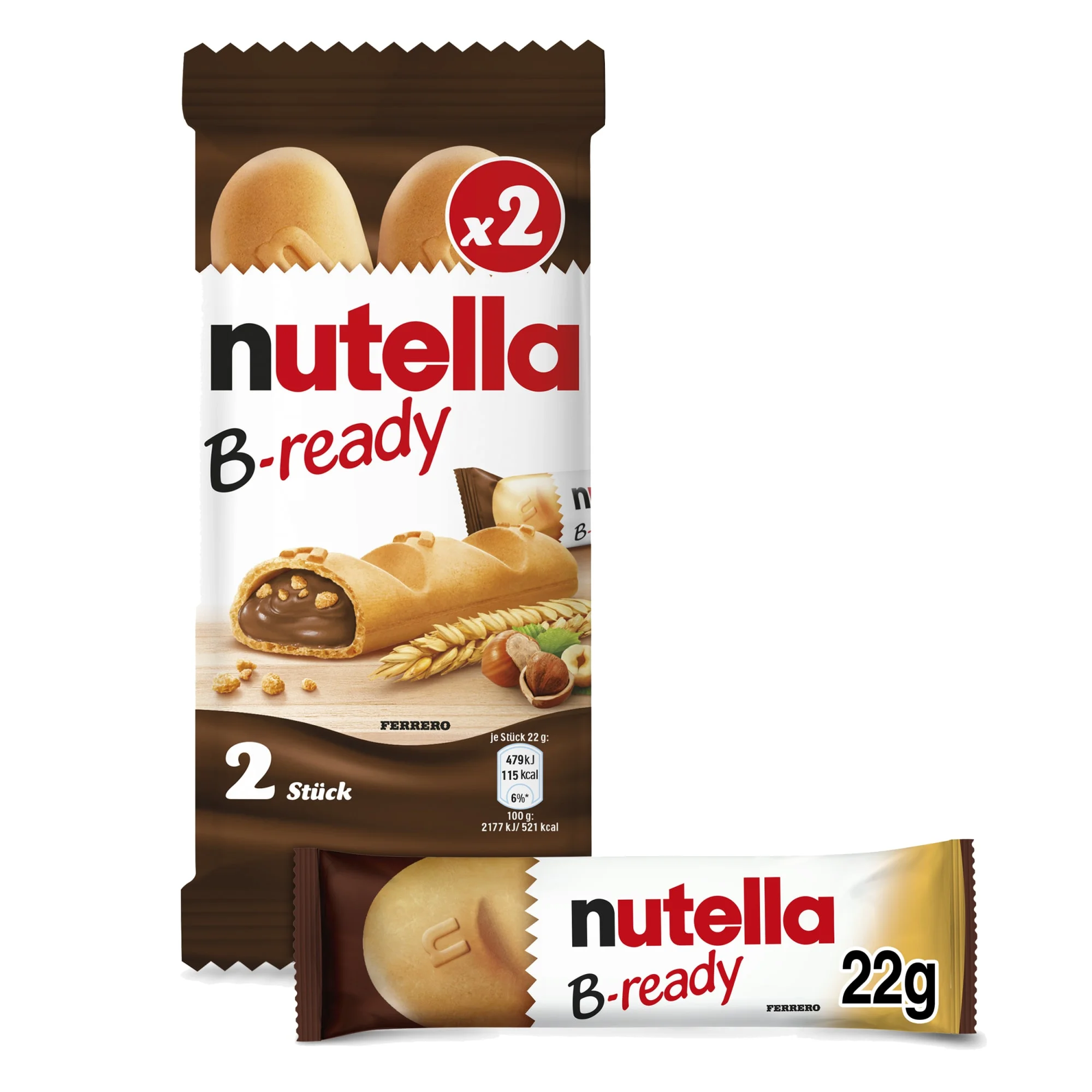 Nutella B-Ready, 2 Snack Bars, Hazelnut Spread with Cocoa, Individually Wrapped,