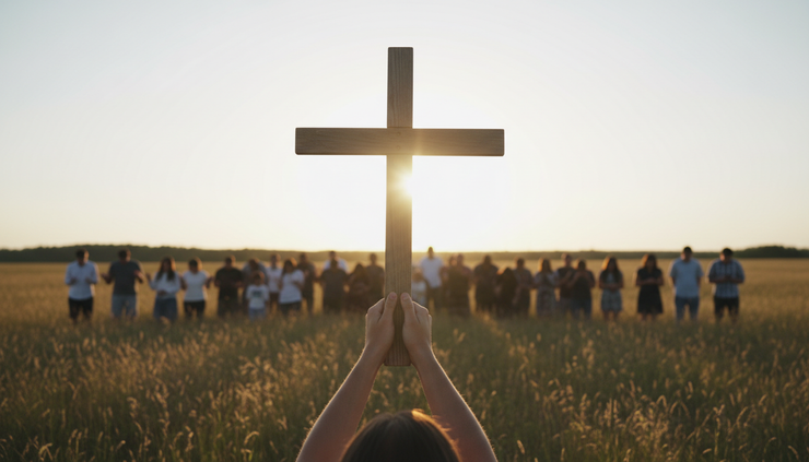 Low-angle view of a small cross held during an outdoor worship gathering at sunset