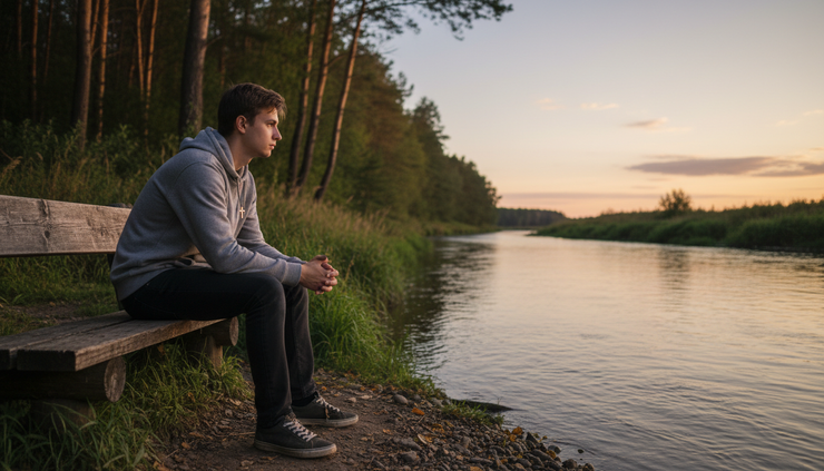 Augenhöhe-Ansicht einer Person, die allein an einem ruhigen Flussufer sitzt.