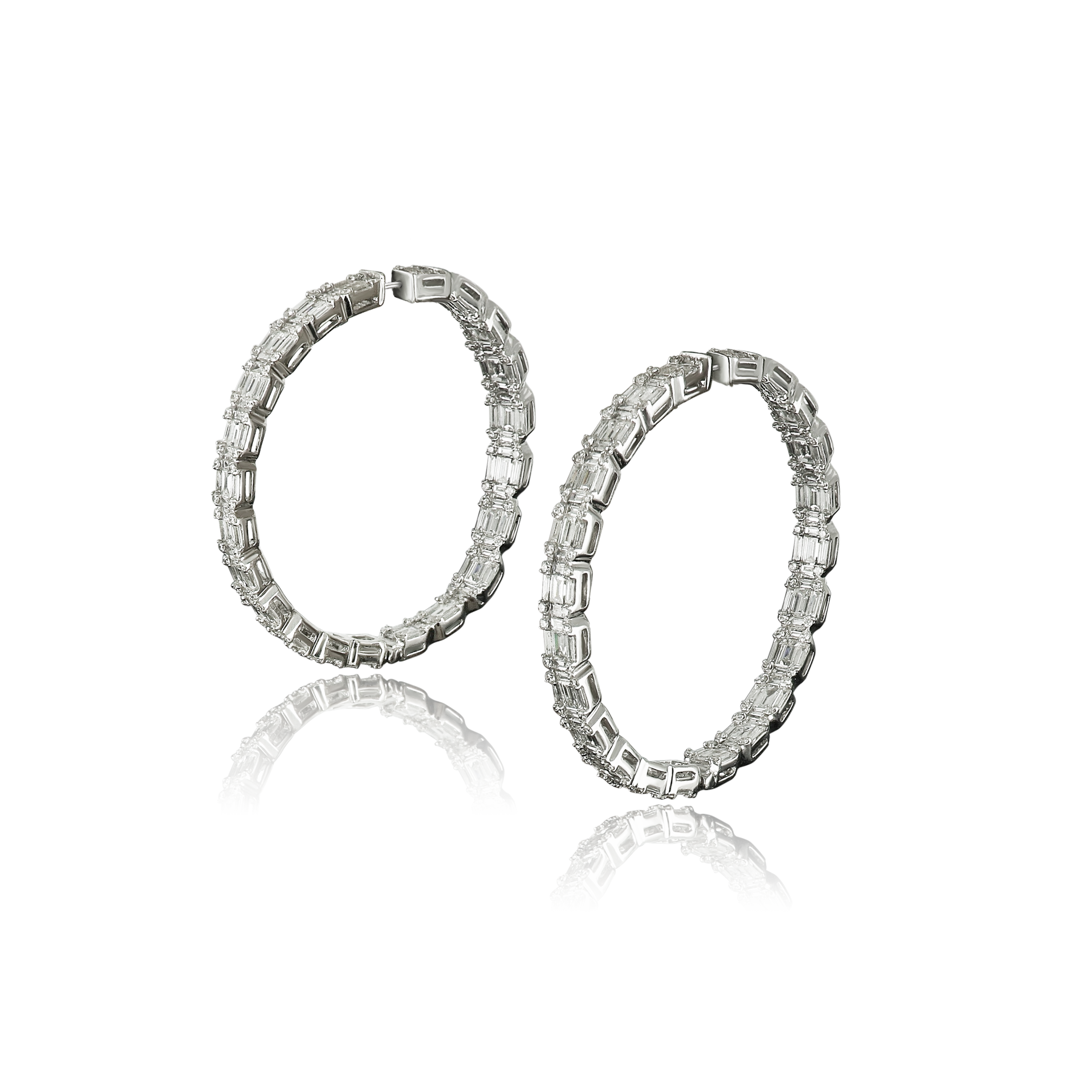 White Gold Hoop Earrings with Baguette Diamonds