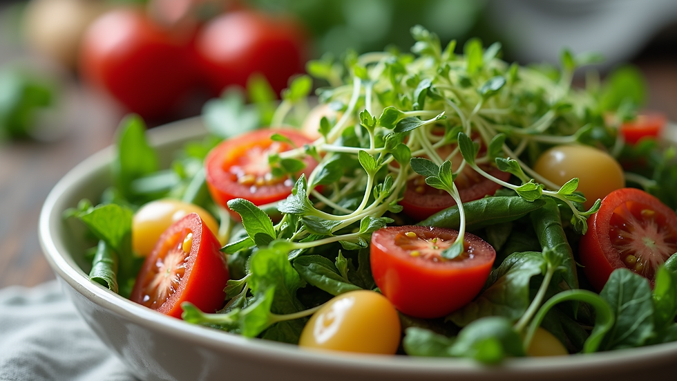 Close-up view of a bowl filled with fresh Italian salad topped with colorful microgreens