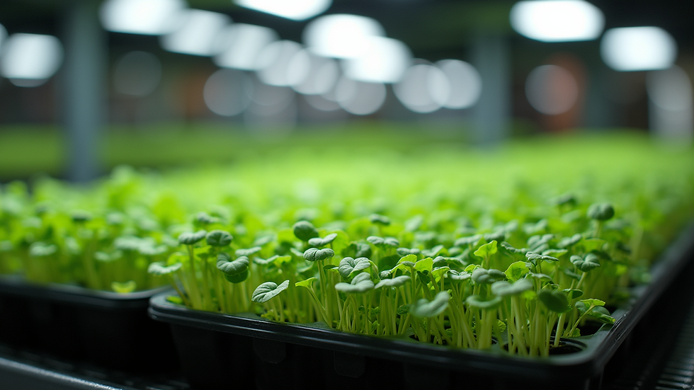 Eye-level view of a small indoor garden setup with trays of microgreens under grow lights
