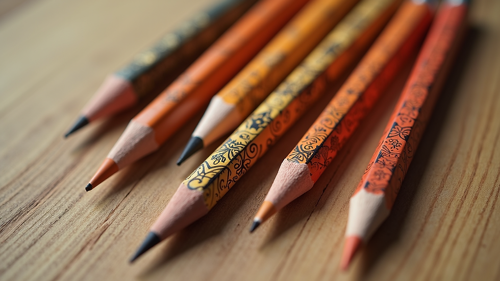High angle view of a set of pencils with Warli art designs on the casing