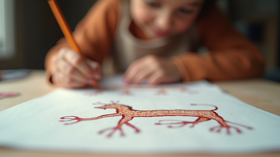 Eye-level view of a child’s drawing of Warli art on paper