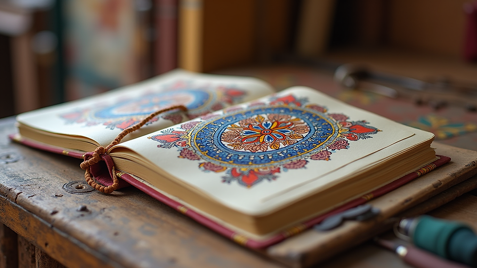 Eye-level view of a Pichwai art notebook with vibrant traditional motifs