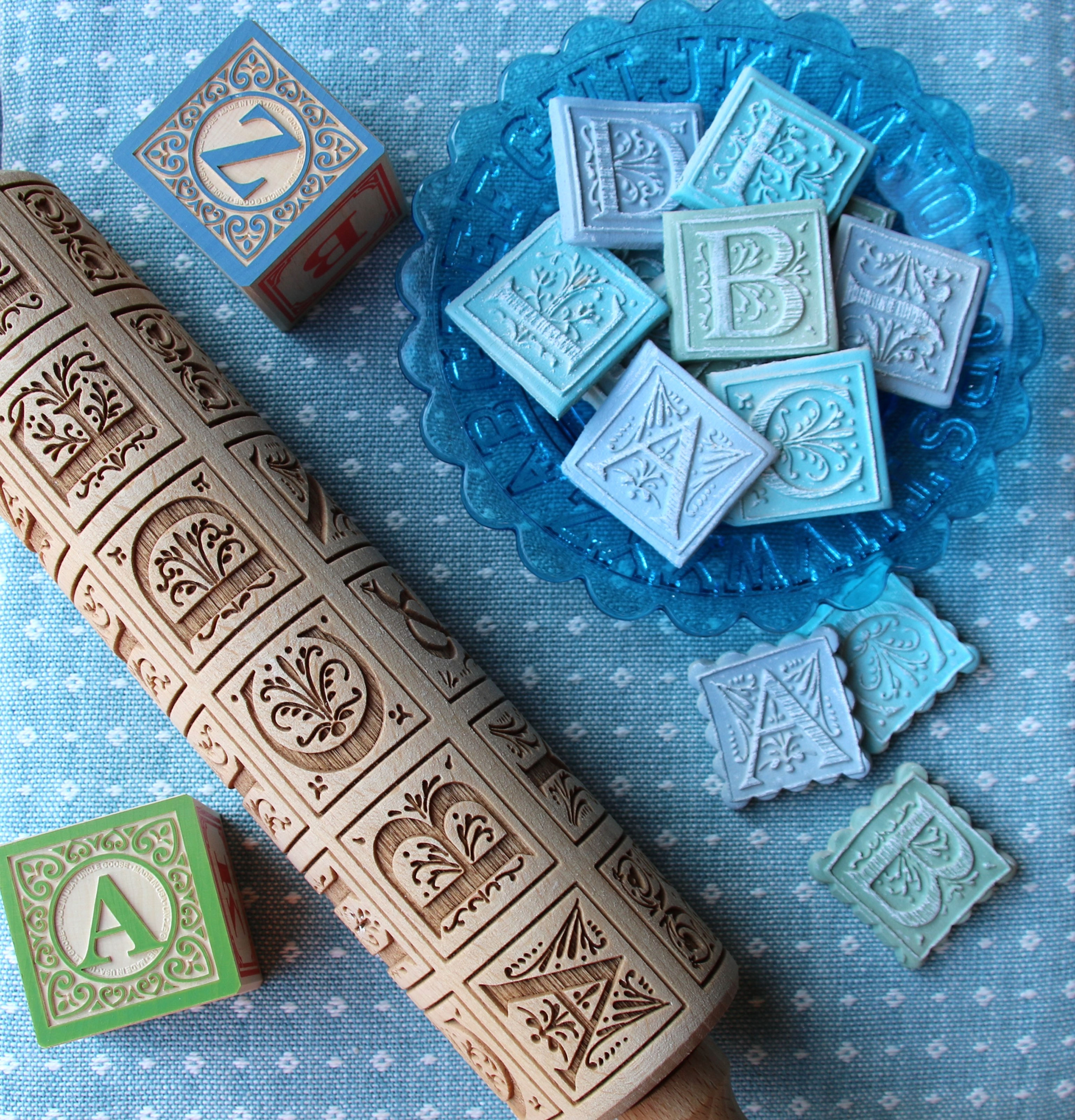 WRPN02-L Alphabet Blocks / Monogram Wooden Springerle Rolling Pin - Gingerhaus®