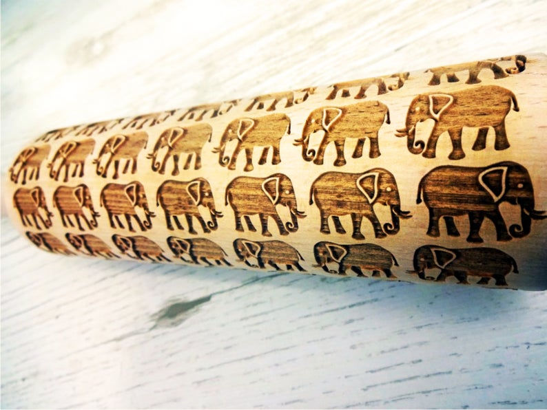 Thumbnail: Elephants Wooden Springerle Rolling Pin Large by Gingerhaus® WRPN14L