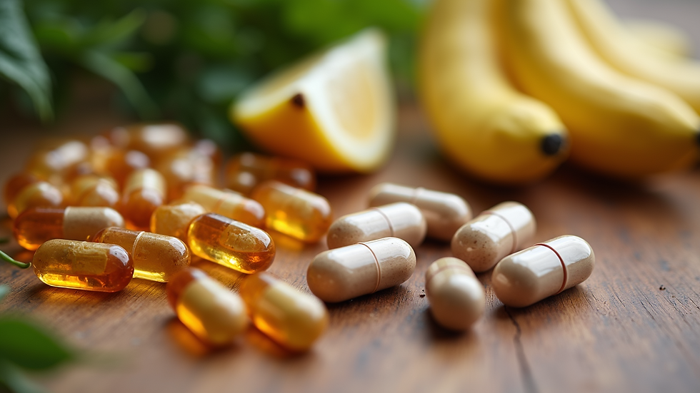 Close-up view of supplements and natural foods used in gut repair