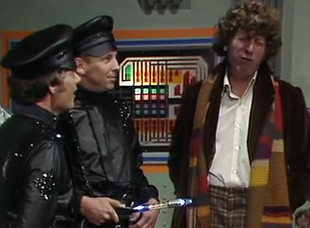 Nightmare of Eden review: Tom Baker as the Fourth Doctor, with the security guards