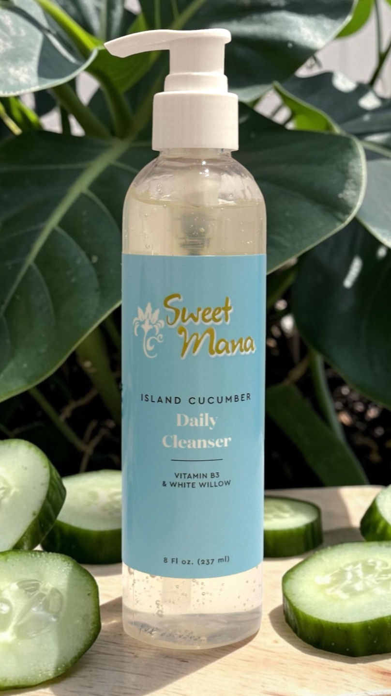 Sweet Mana's Island Cucumber Daily Cleanser next to cucumber slices