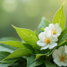 Close-up view of botanical leaves and flowers used in skincare