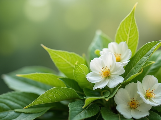 Close-up view of botanical leaves and flowers used in skincare