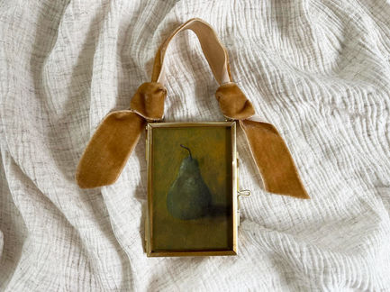 still life original pear painting in hanging frame with velvet ribbon 1