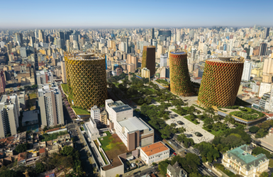 Aerial view of modern glue laminated timber structured office towers in Sao Paulo