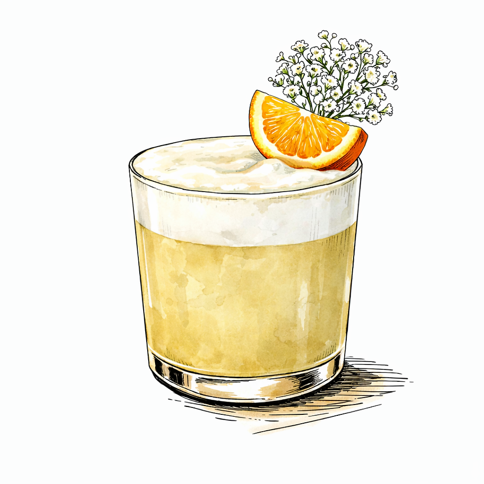 Gelblicher Cocktail mit leicht schaumiger Krone, einem Mandarinenwedge und Schleierkraut