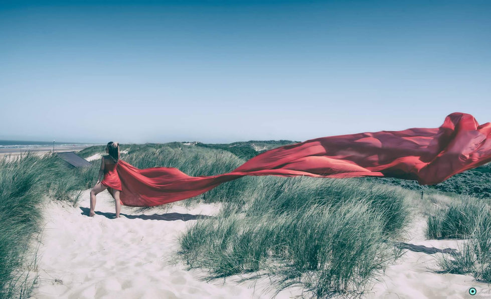 Photographie portrait d'une jeune femme posant sur une plage avec un longue robe rouge