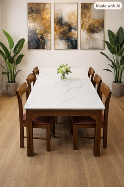 6 Seater Dining Set with Marble-Top Table and Upholstered Chair