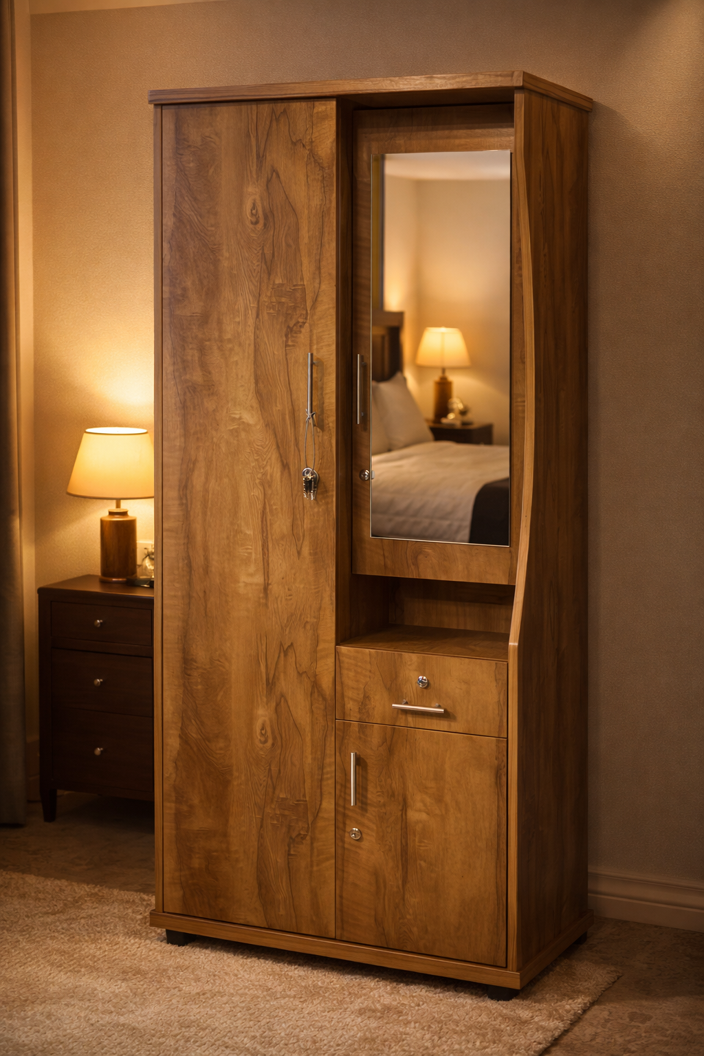 2 Door Wardrobe with Dressing Table – Teak Finish