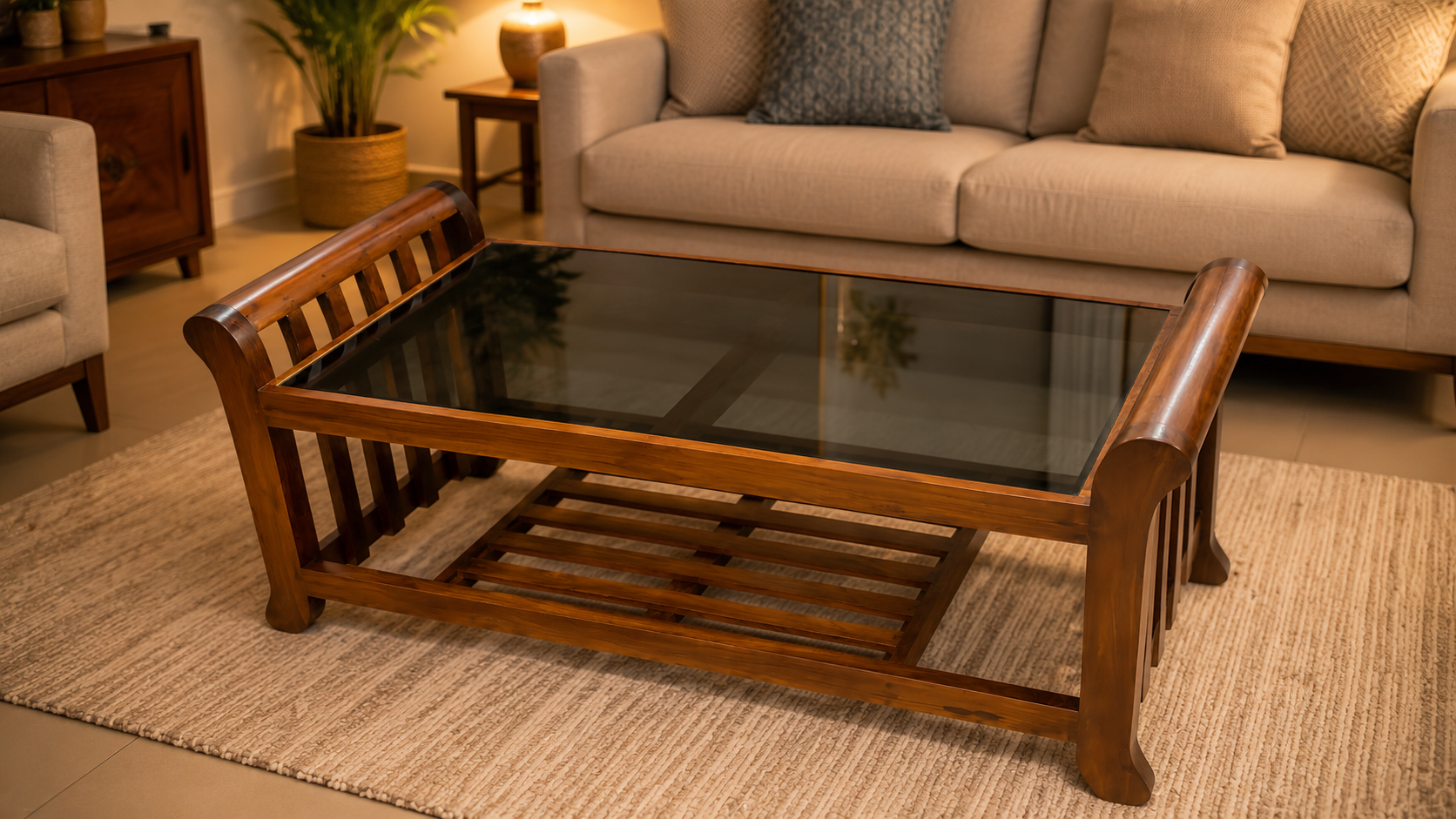 Glass Top - Teapoy/Coffee Table - teakwood